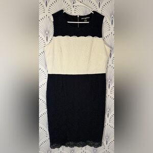 Karl Lagerfeld Cream and Blue Sheath Dress Sleeveless Work